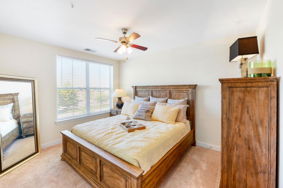 Bright bedroom with wooden bed, dresser, mirror, and ceiling fan; tray on bed with mugs and books.